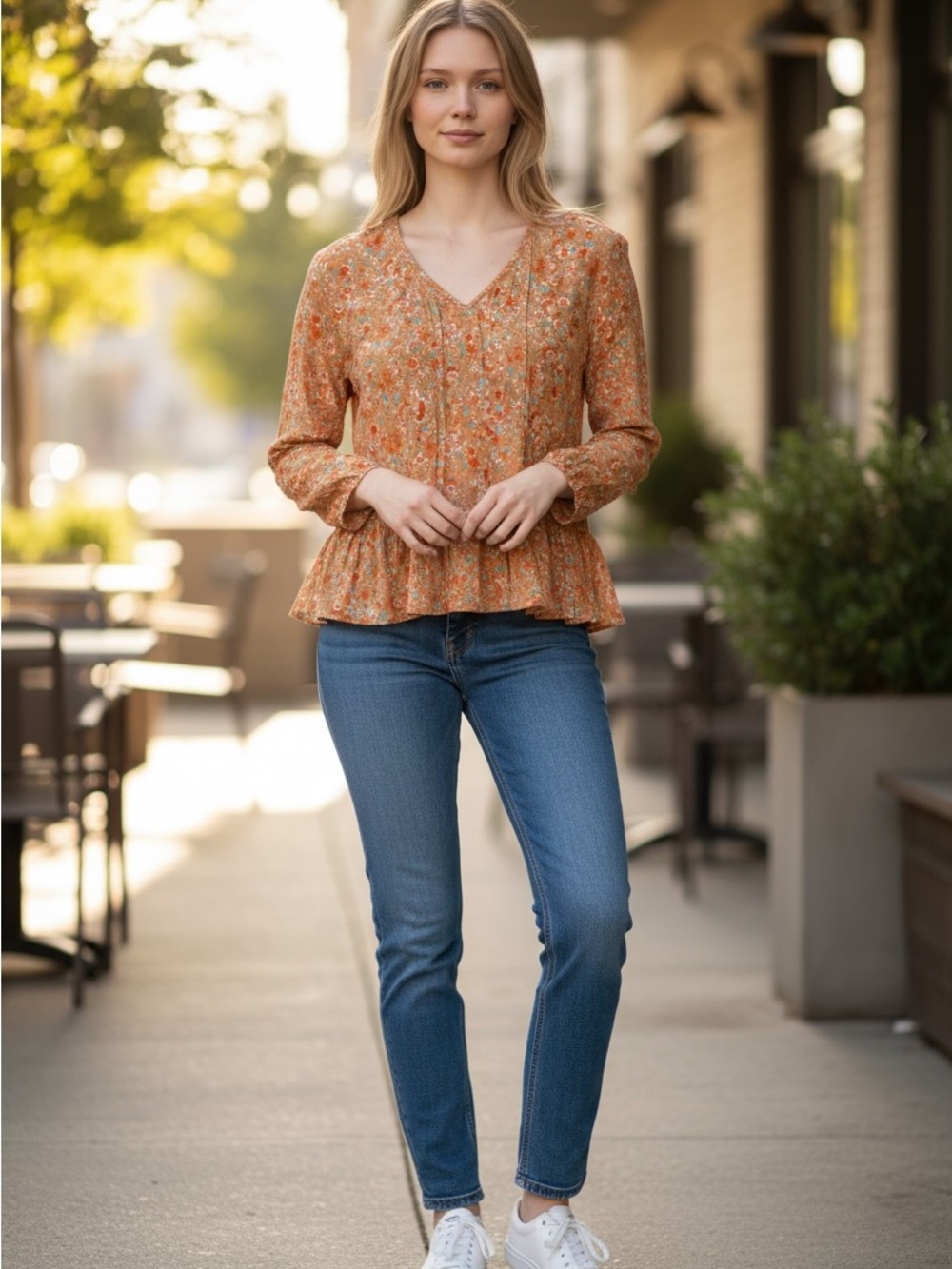 235 Easel Floral Blouse in Orange and Blue